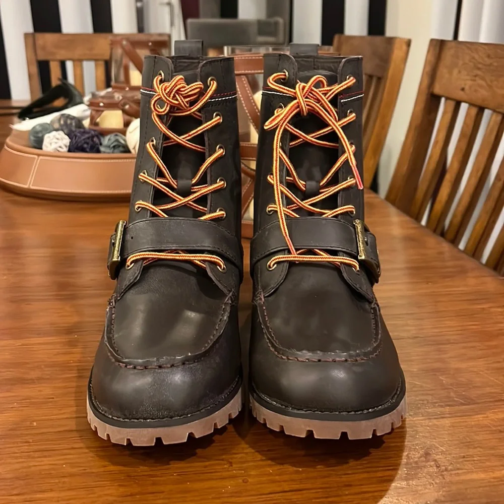 Tommy Hilfiger Dark Brown Leather Lace-Up Buckle Boots with Orange Laces